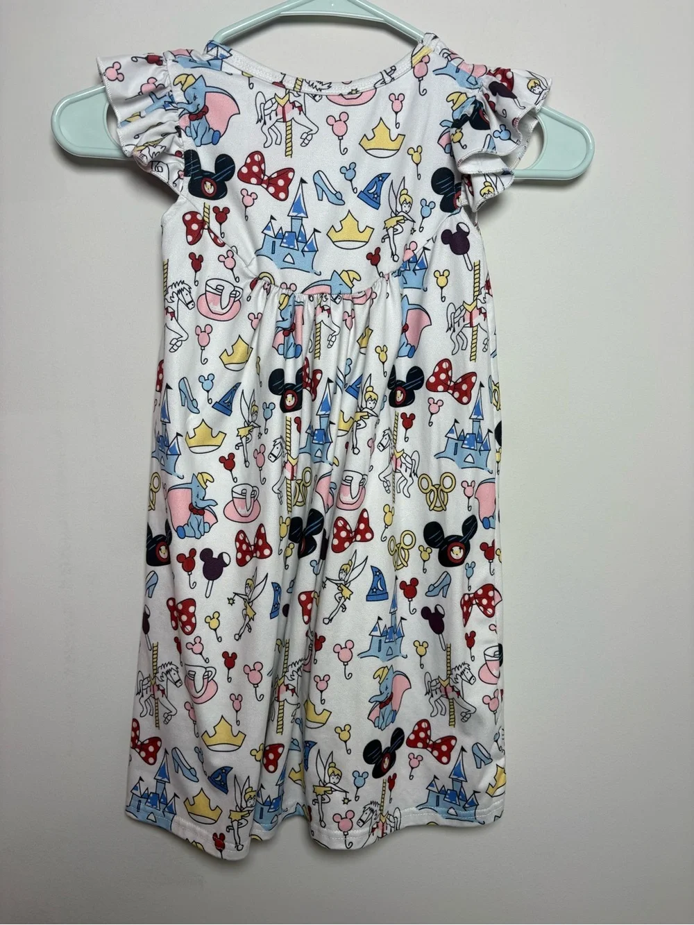 Girls' White Cartoon Castle Flutter-Sleeve Casual Dress
